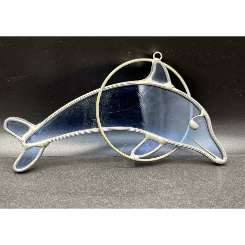 Stained Glass Blue Dolphin Hanging Sun Catcher Beach Decor Ornament 5"x 2.5"